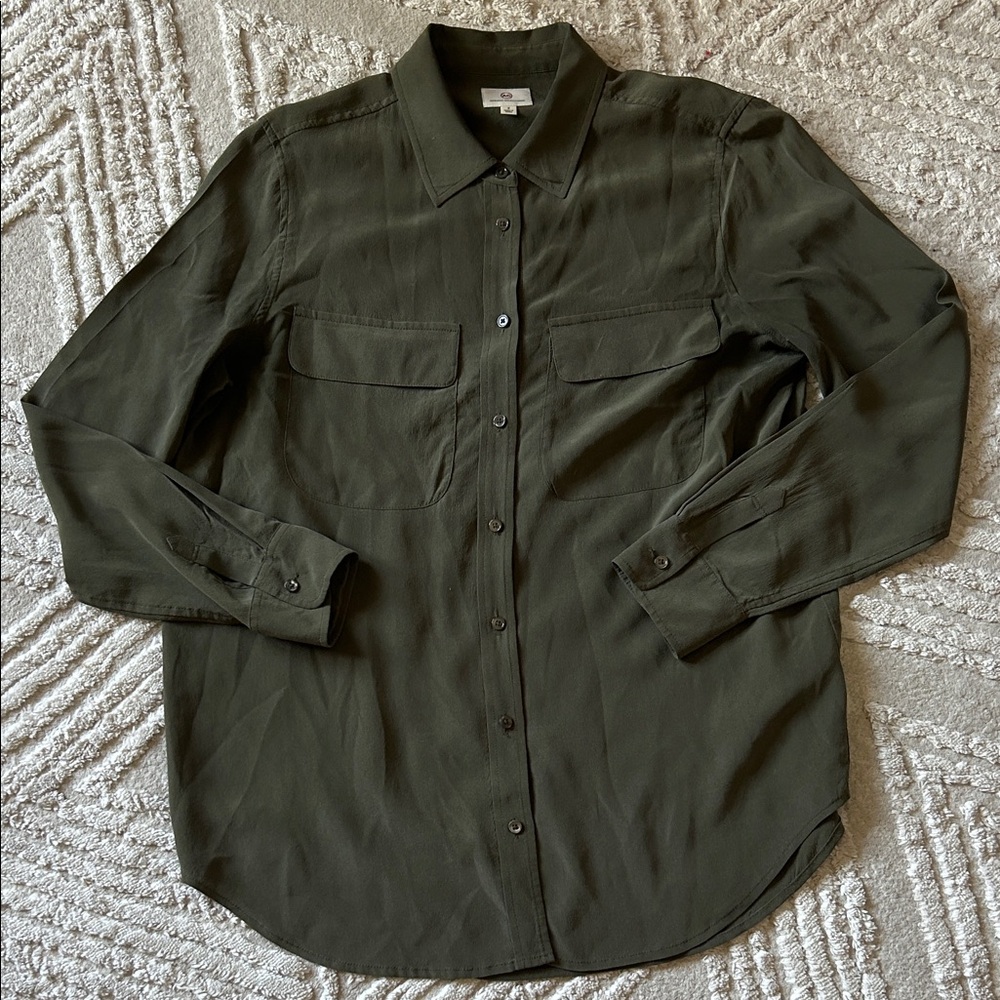 Ag Adriano Goldschmied Olive Green Button-Up silk Shirt